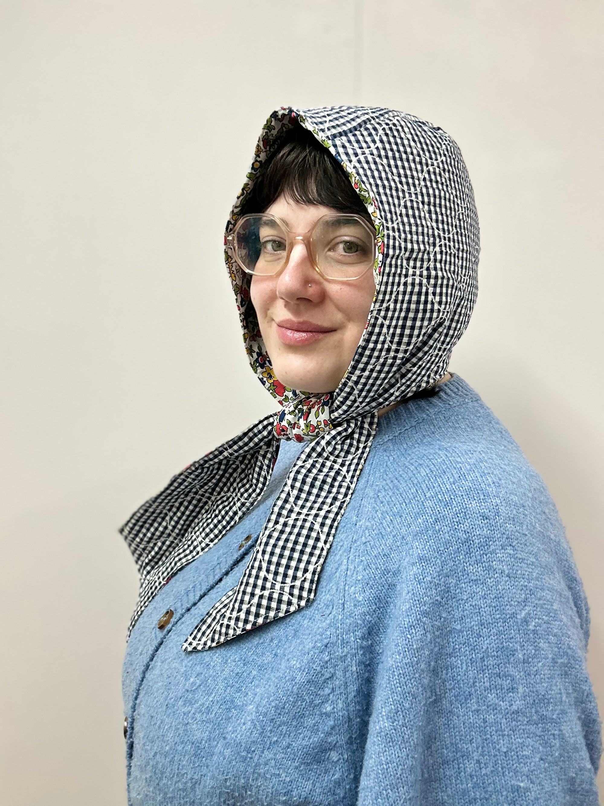 Reversible Quilted Hood - blue gingham/fairy floral