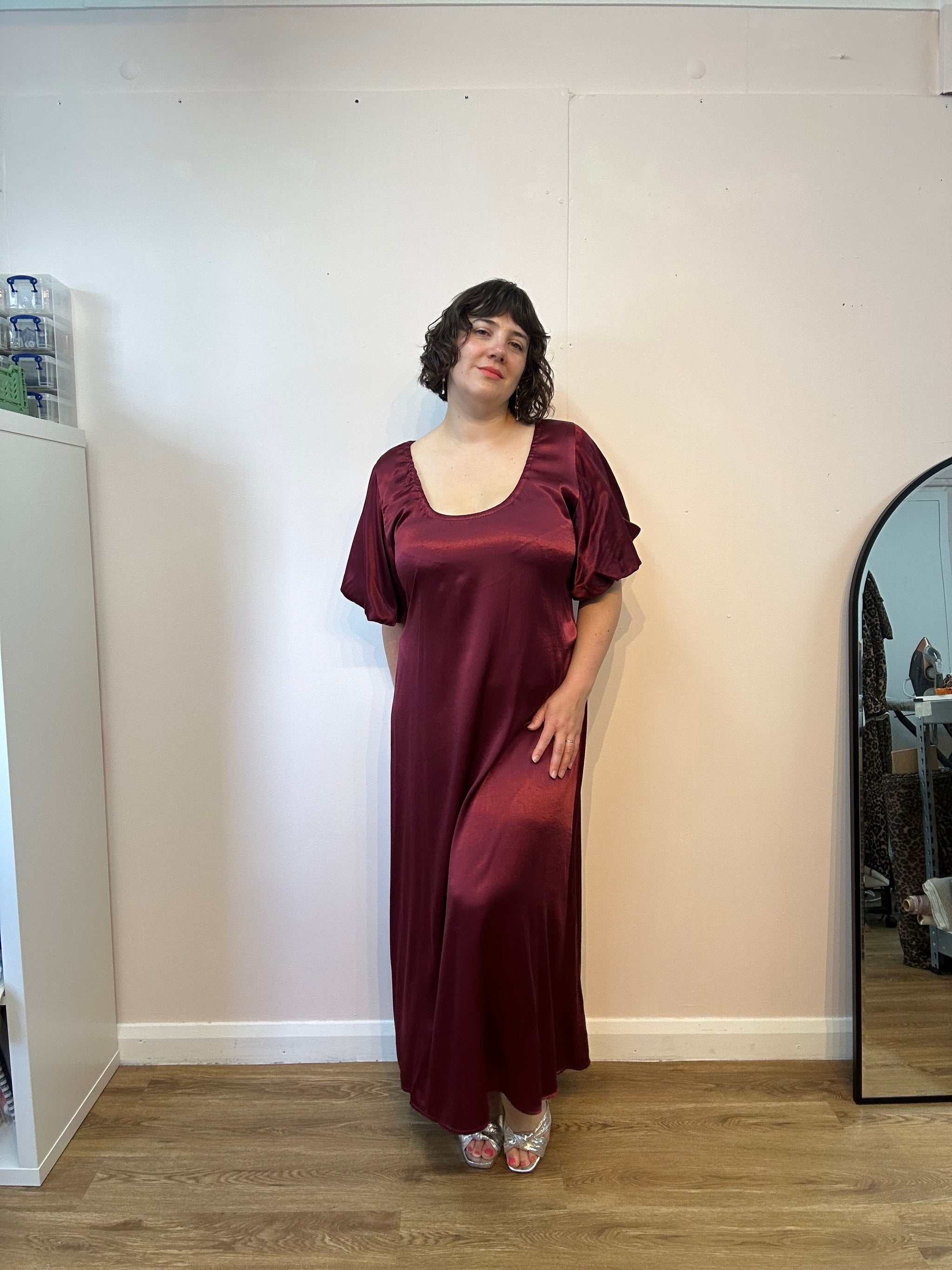 Burgundy Satin Goddess Dress size L