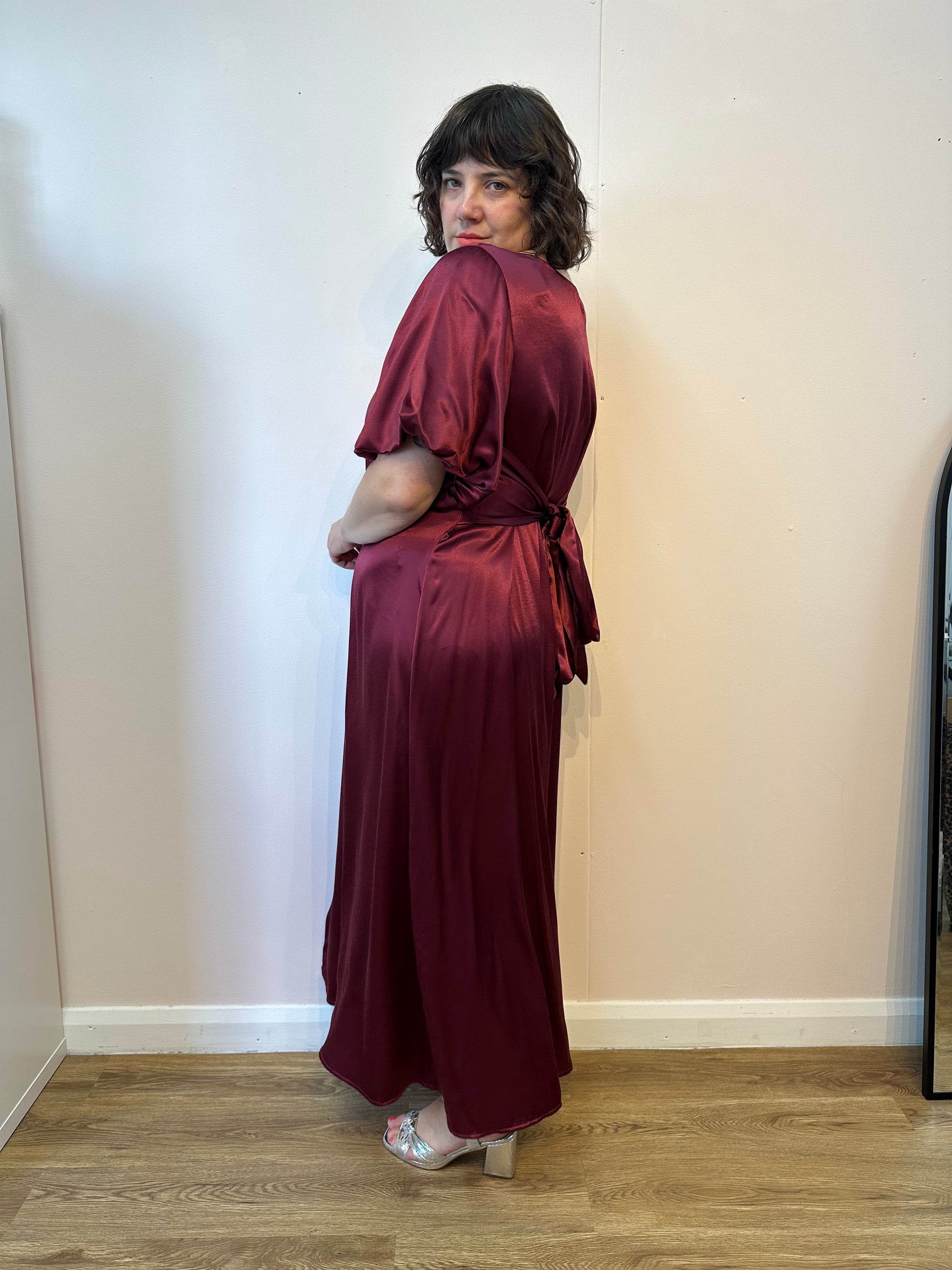 Burgundy Satin Goddess Dress size L