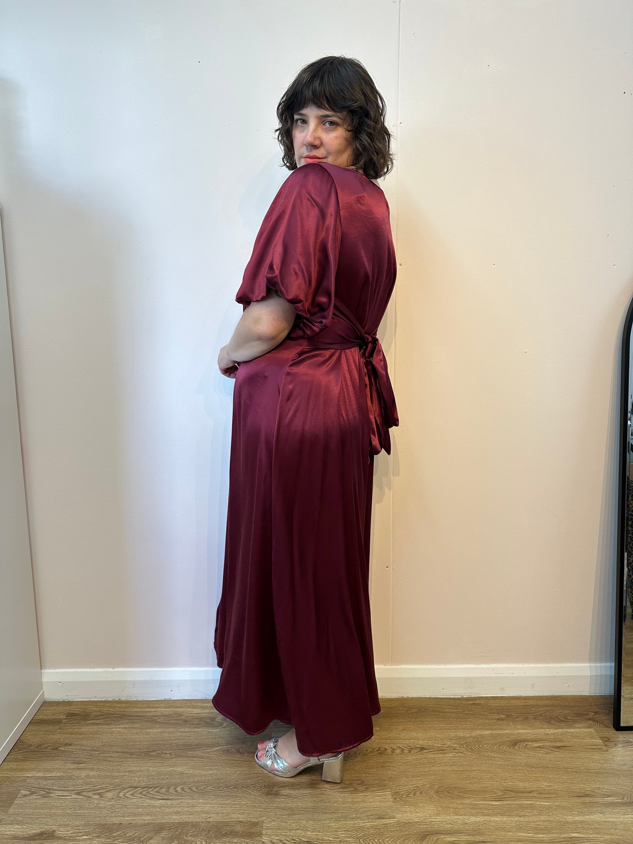 Burgundy Satin Goddess Dress size L