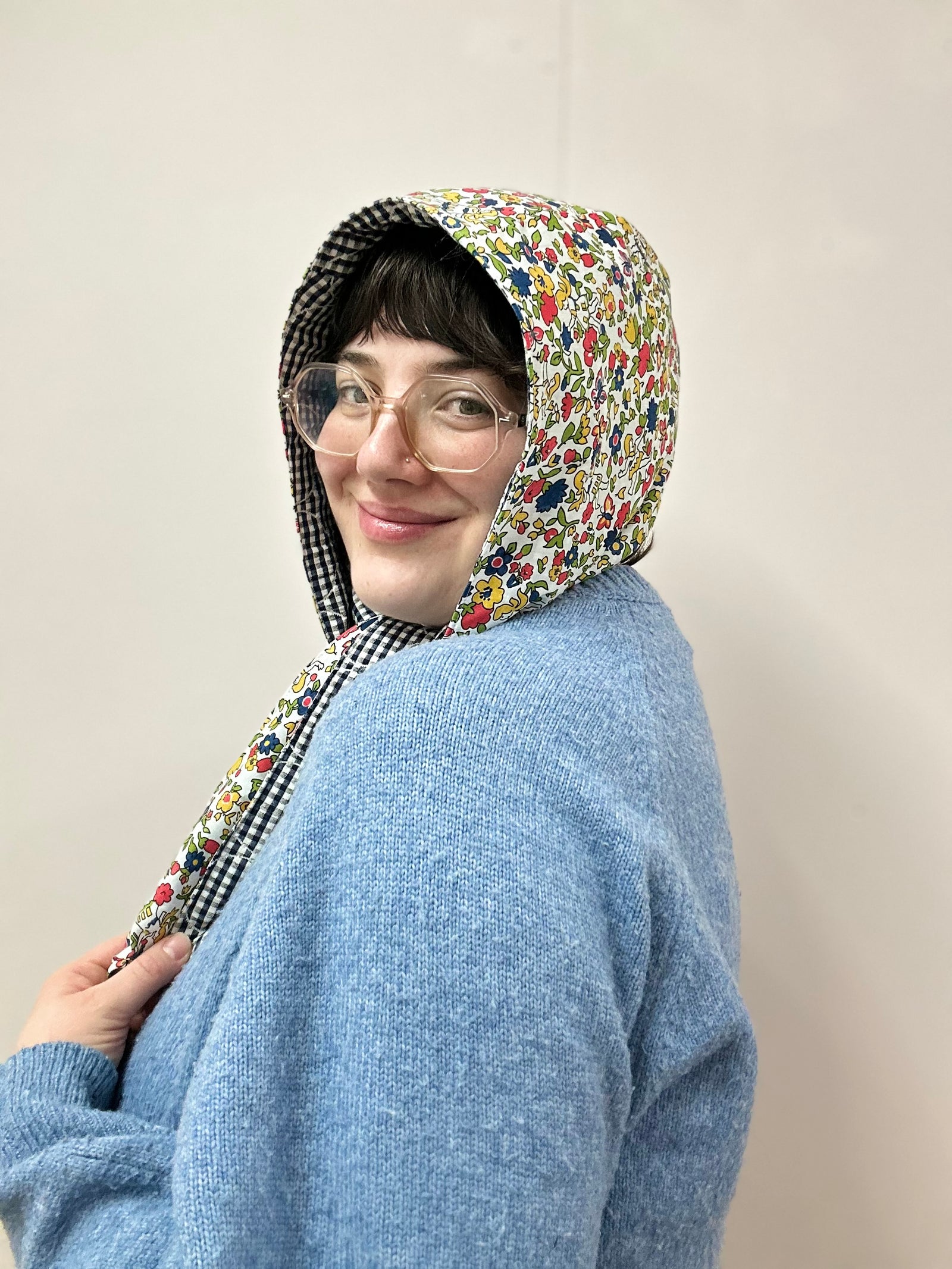 Reversible Quilted Hood - blue gingham/fairy floral