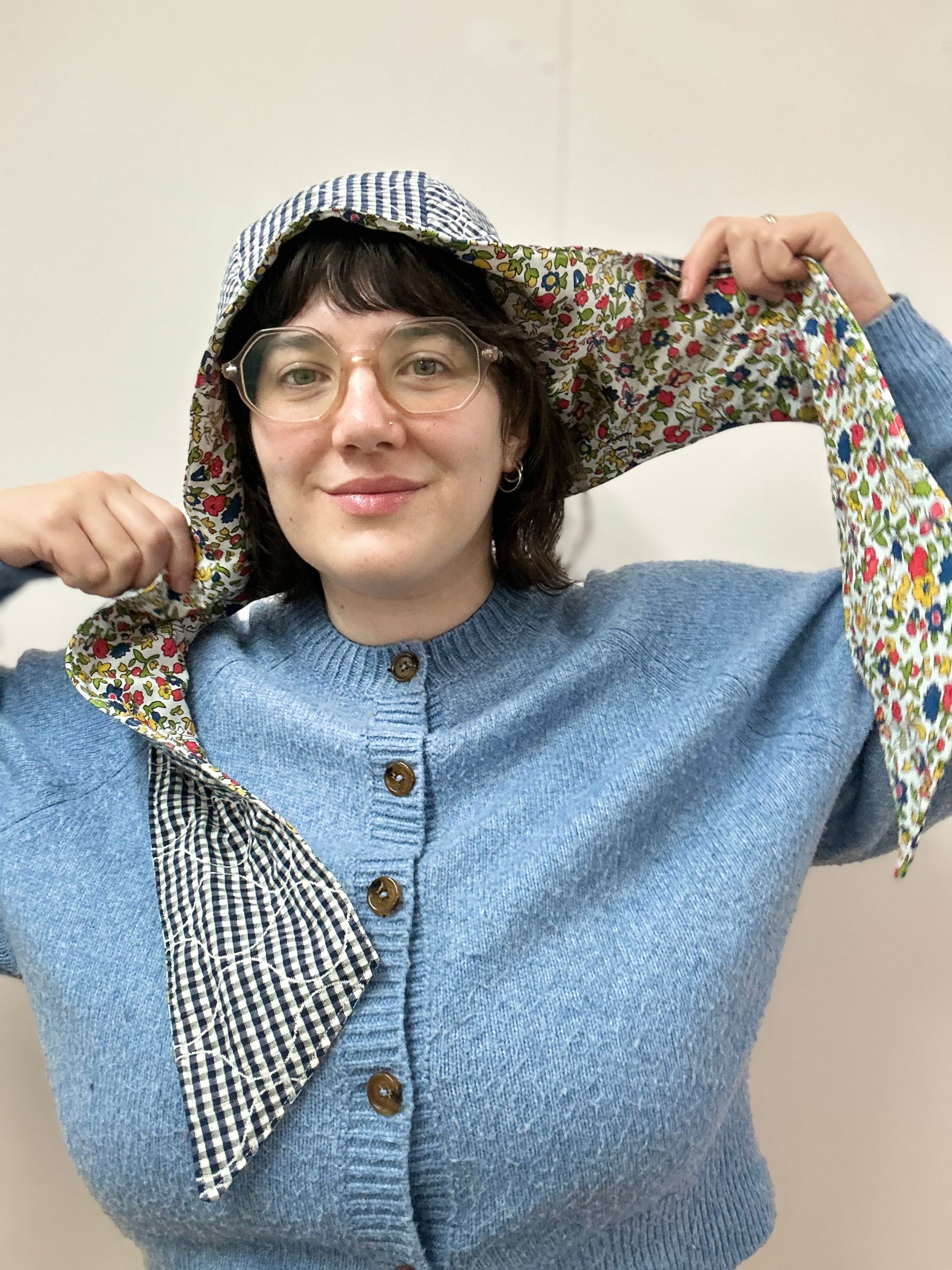 Reversible Quilted Hood - blue gingham/fairy floral