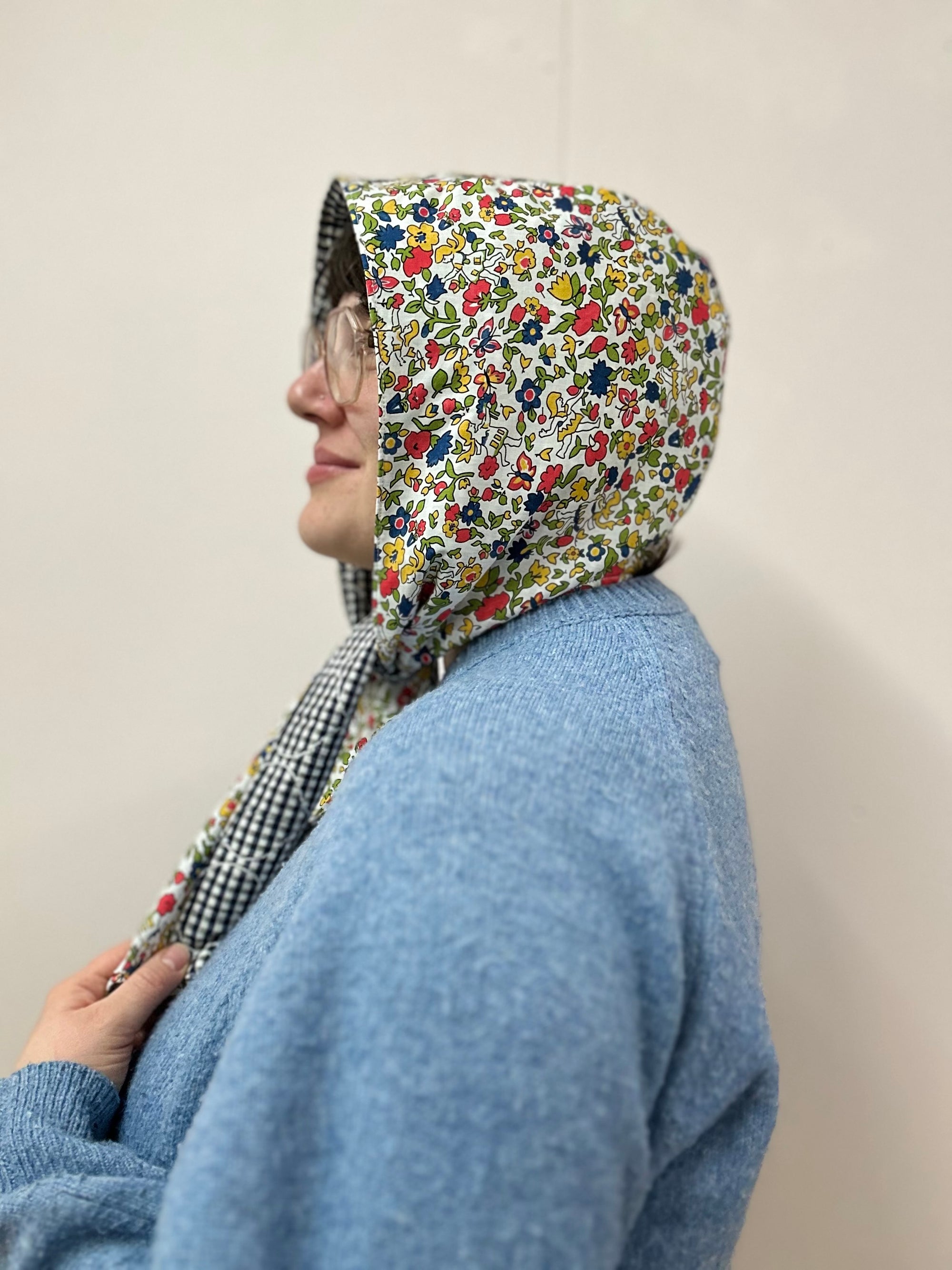 Reversible Quilted Hood - blue gingham/fairy floral