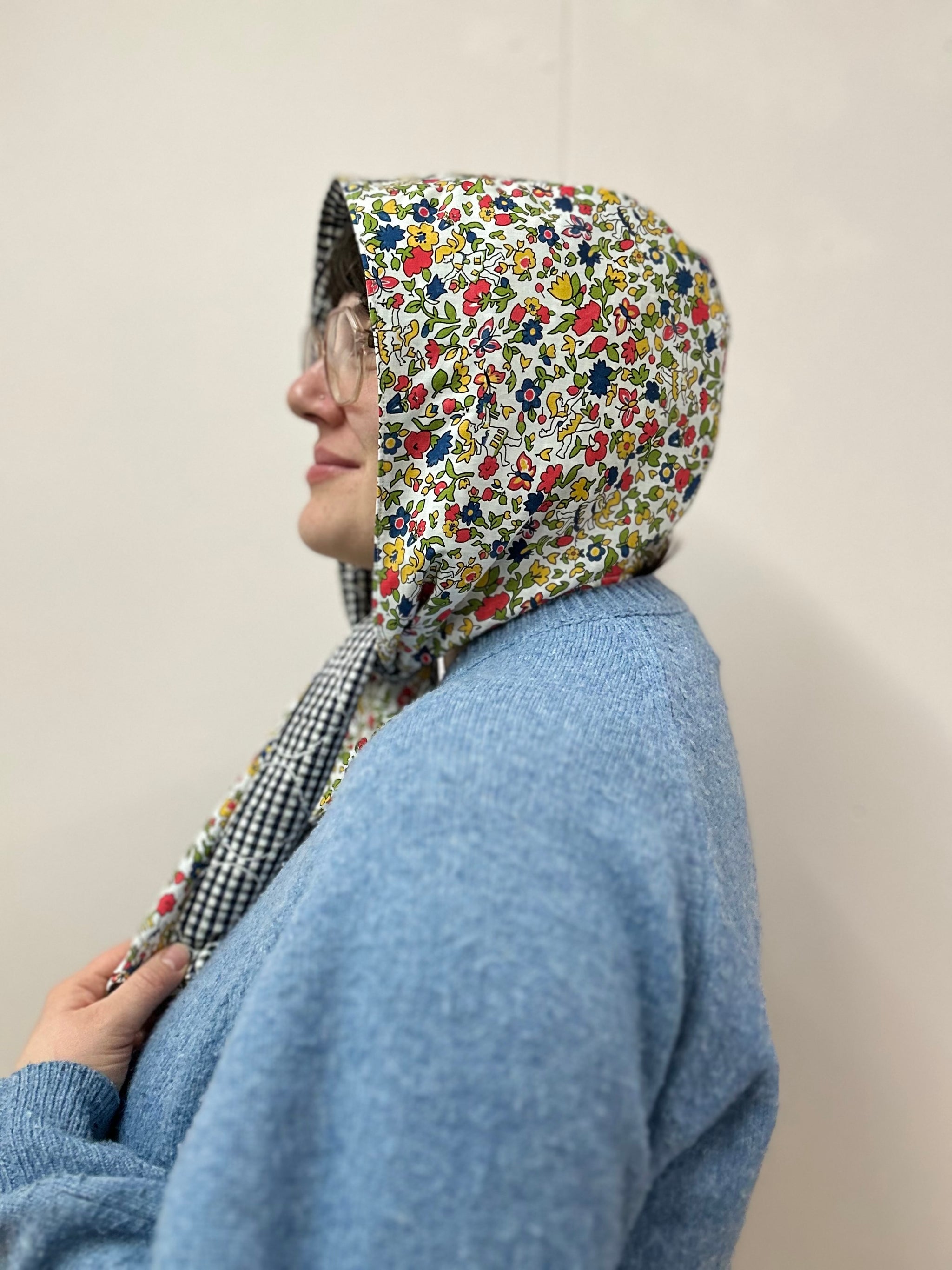 Reversible Quilted Hood - blue gingham/fairy floral