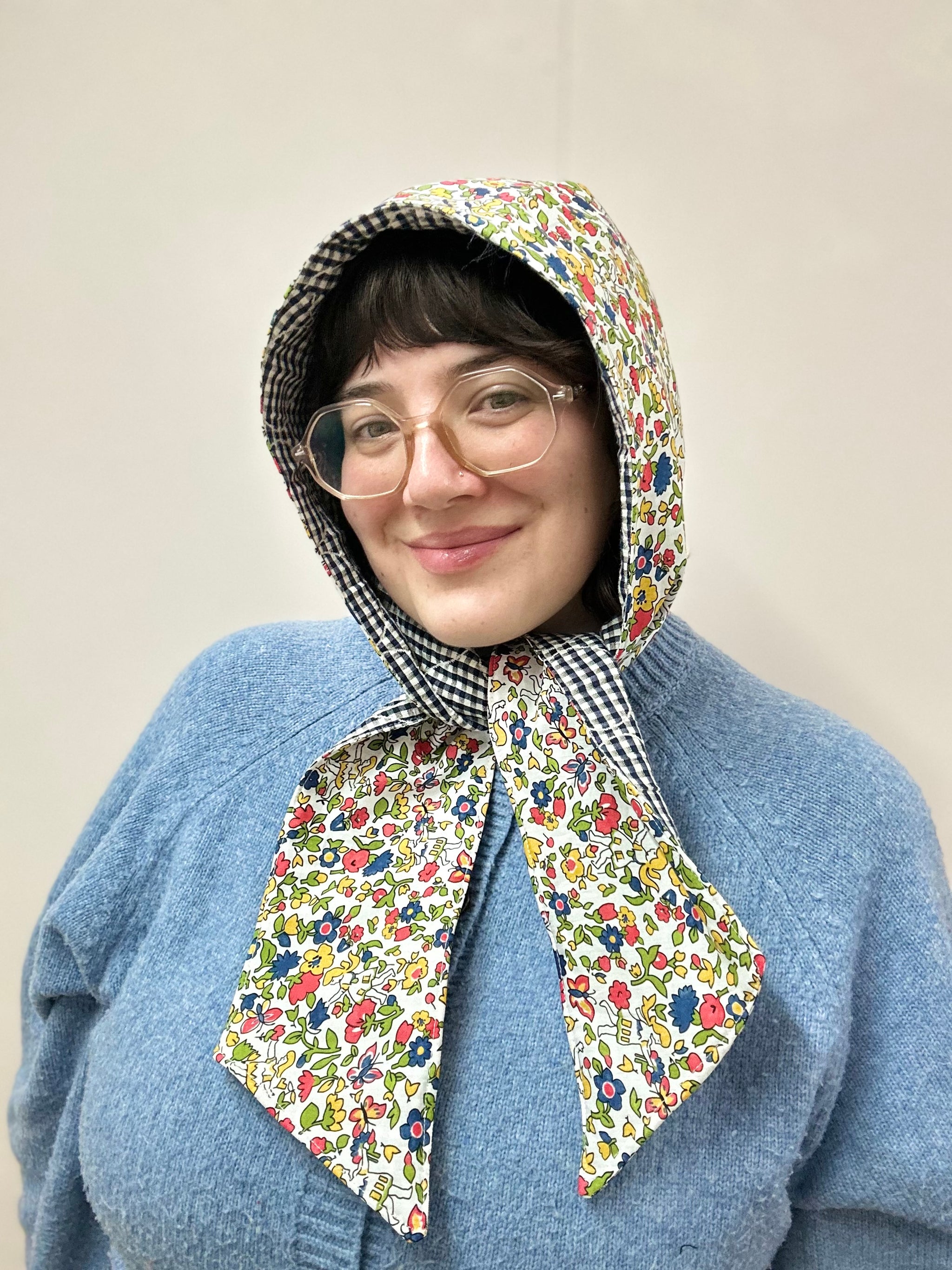 Reversible Quilted Hood - blue gingham/fairy floral