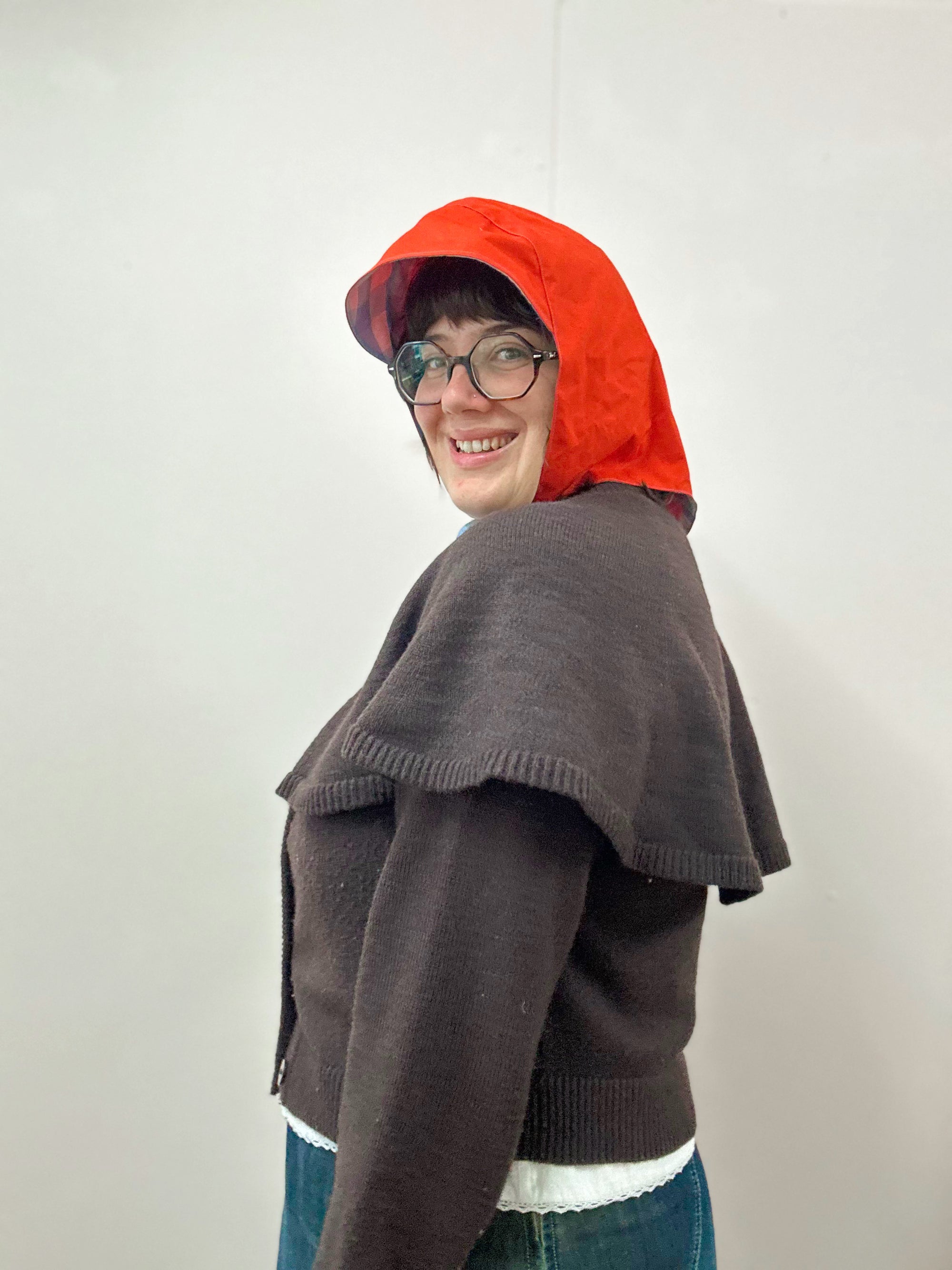 Rain Hood: Red Waxed Cotton