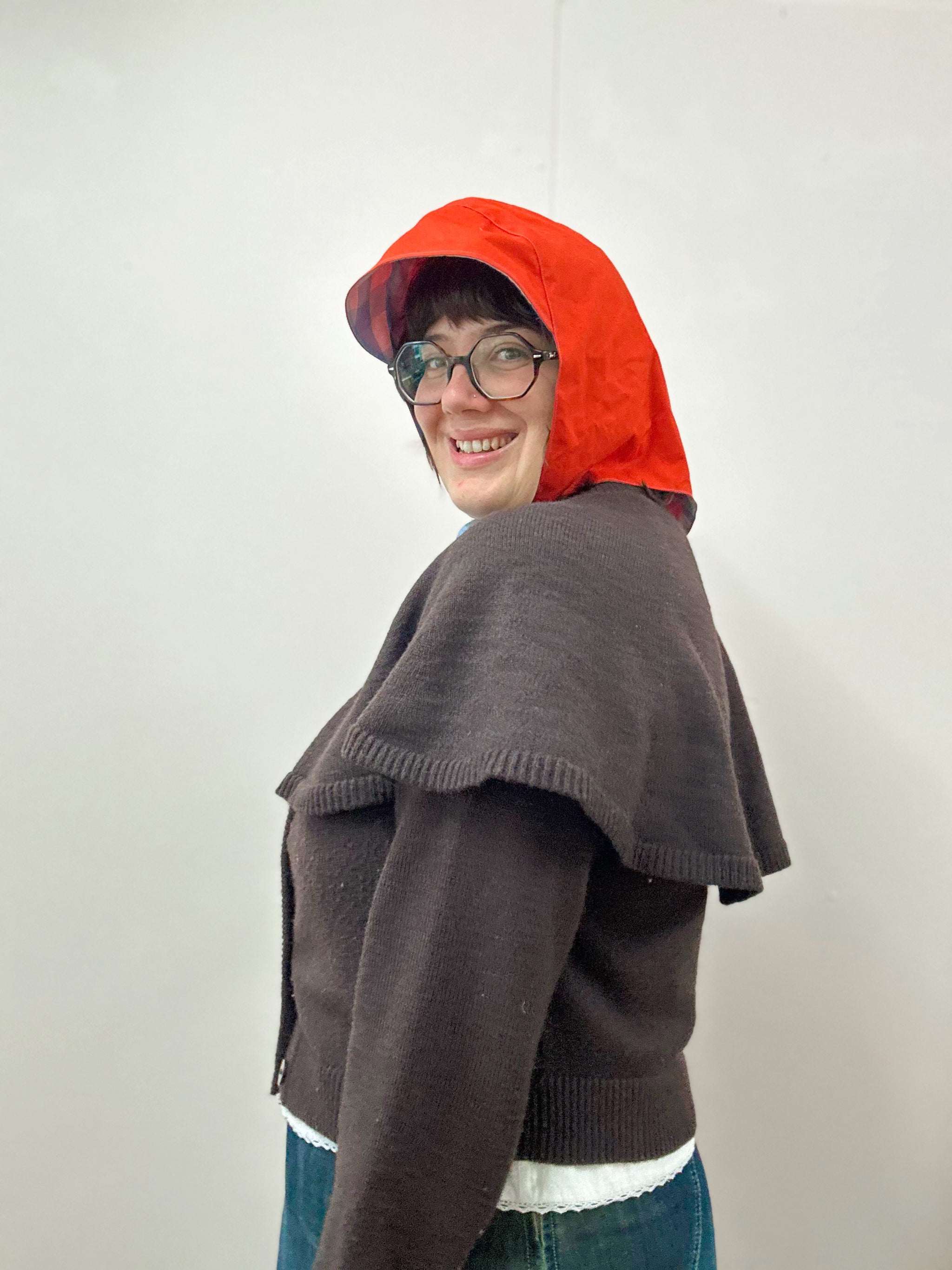 Rain Hood: Red Waxed Cotton