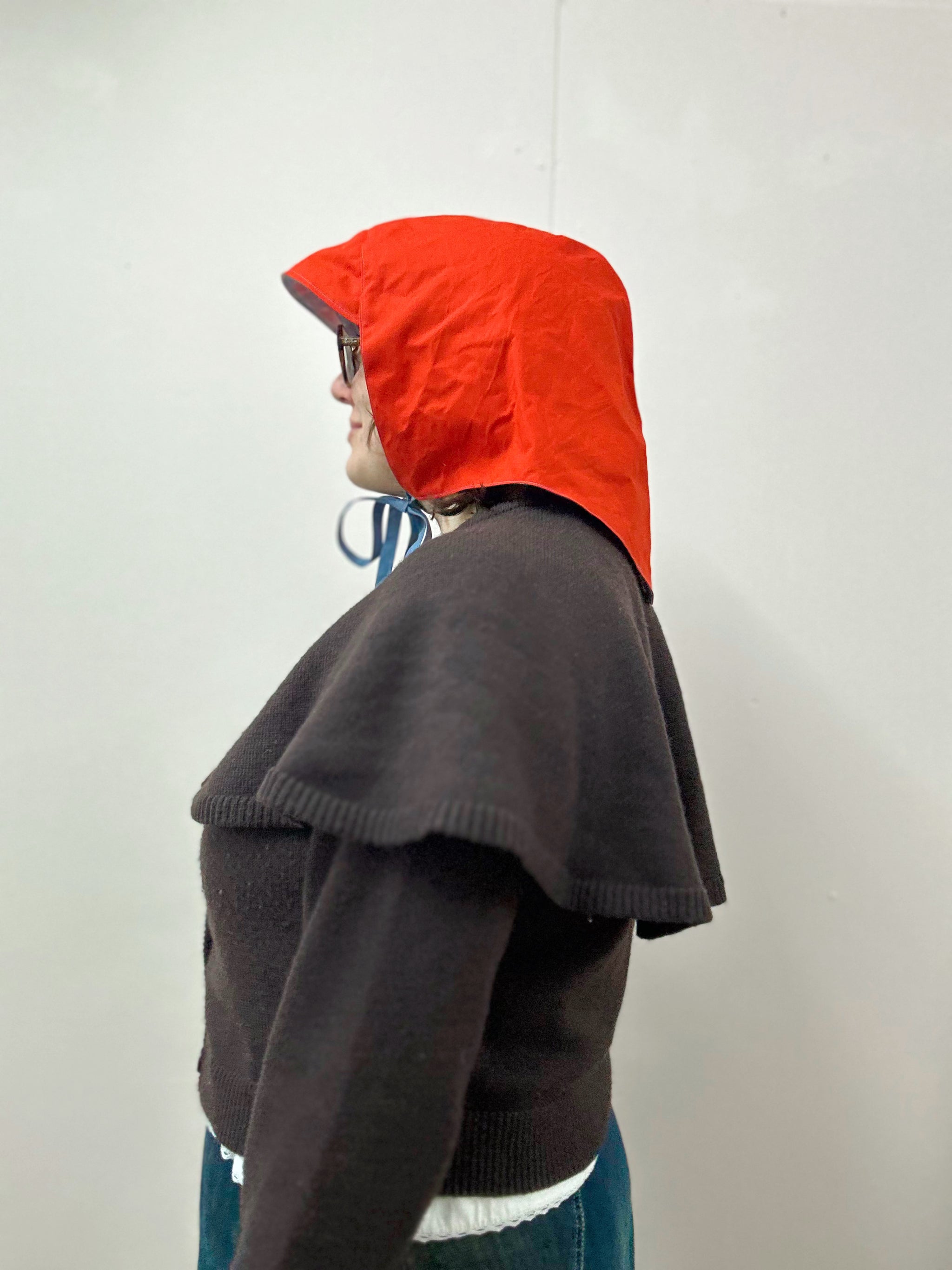 Rain Hood: Red Waxed Cotton