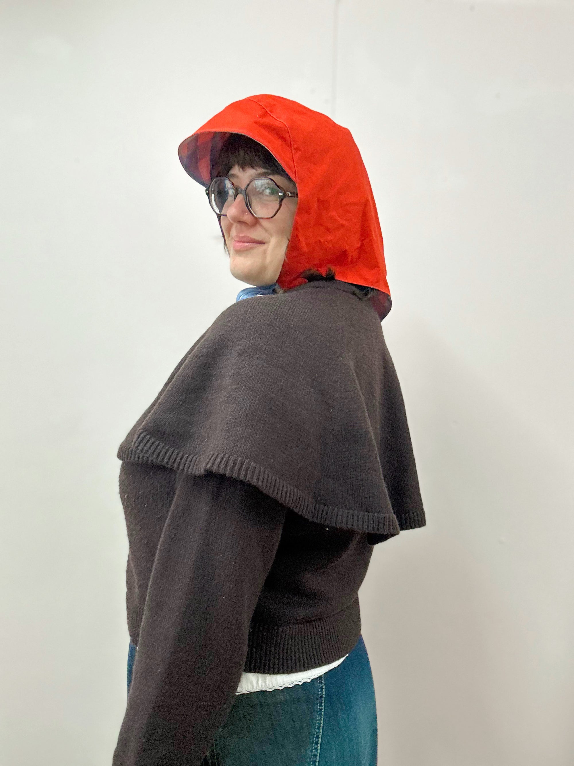 Rain Hood: Red Waxed Cotton