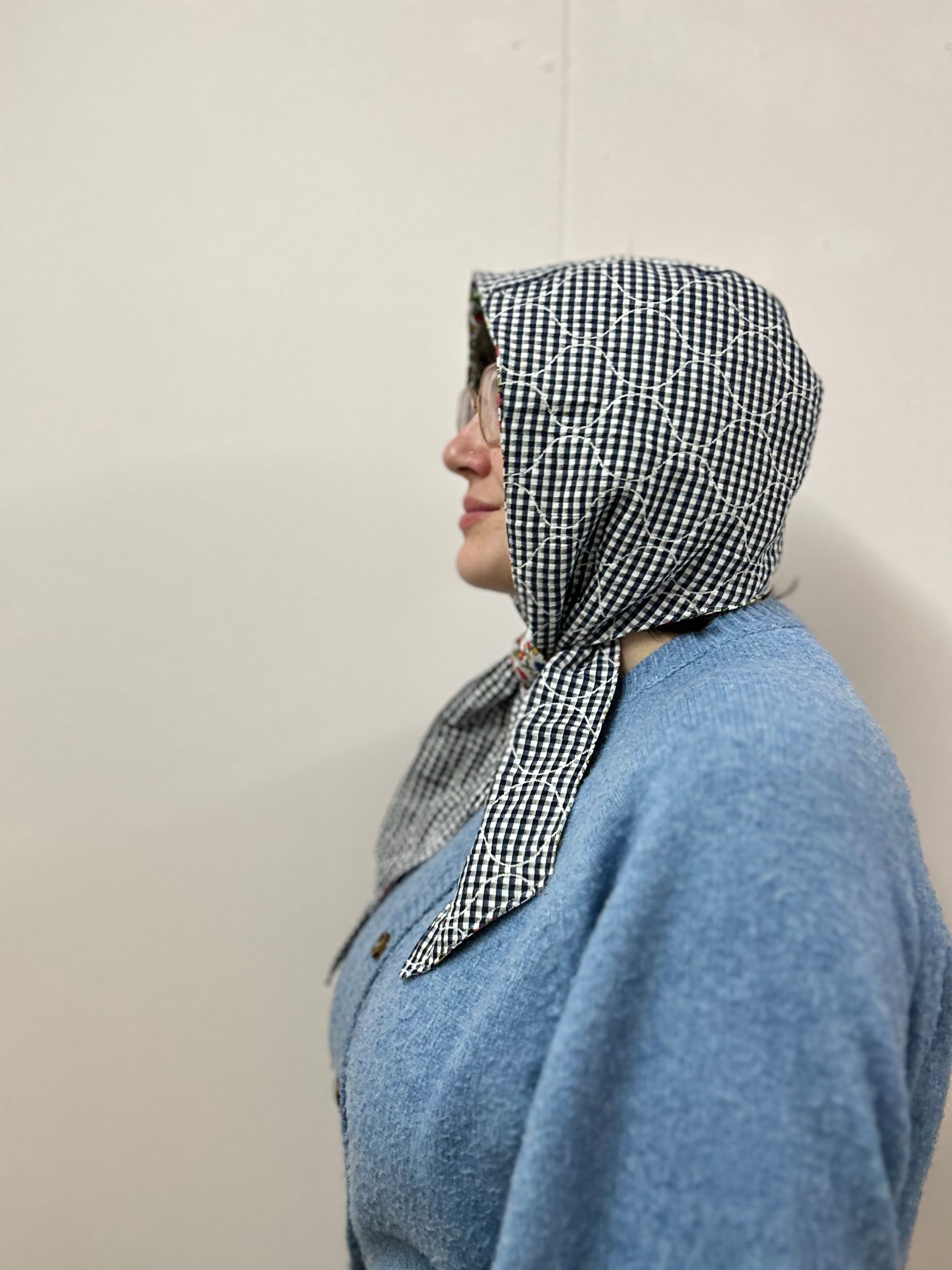 Reversible Quilted Hood - blue gingham/fairy floral