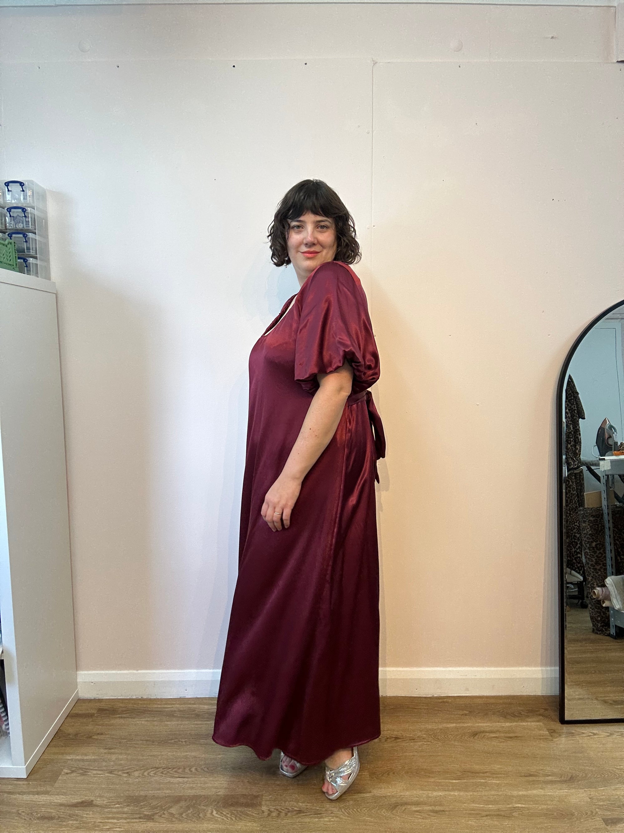 Burgundy Satin Goddess Dress size L