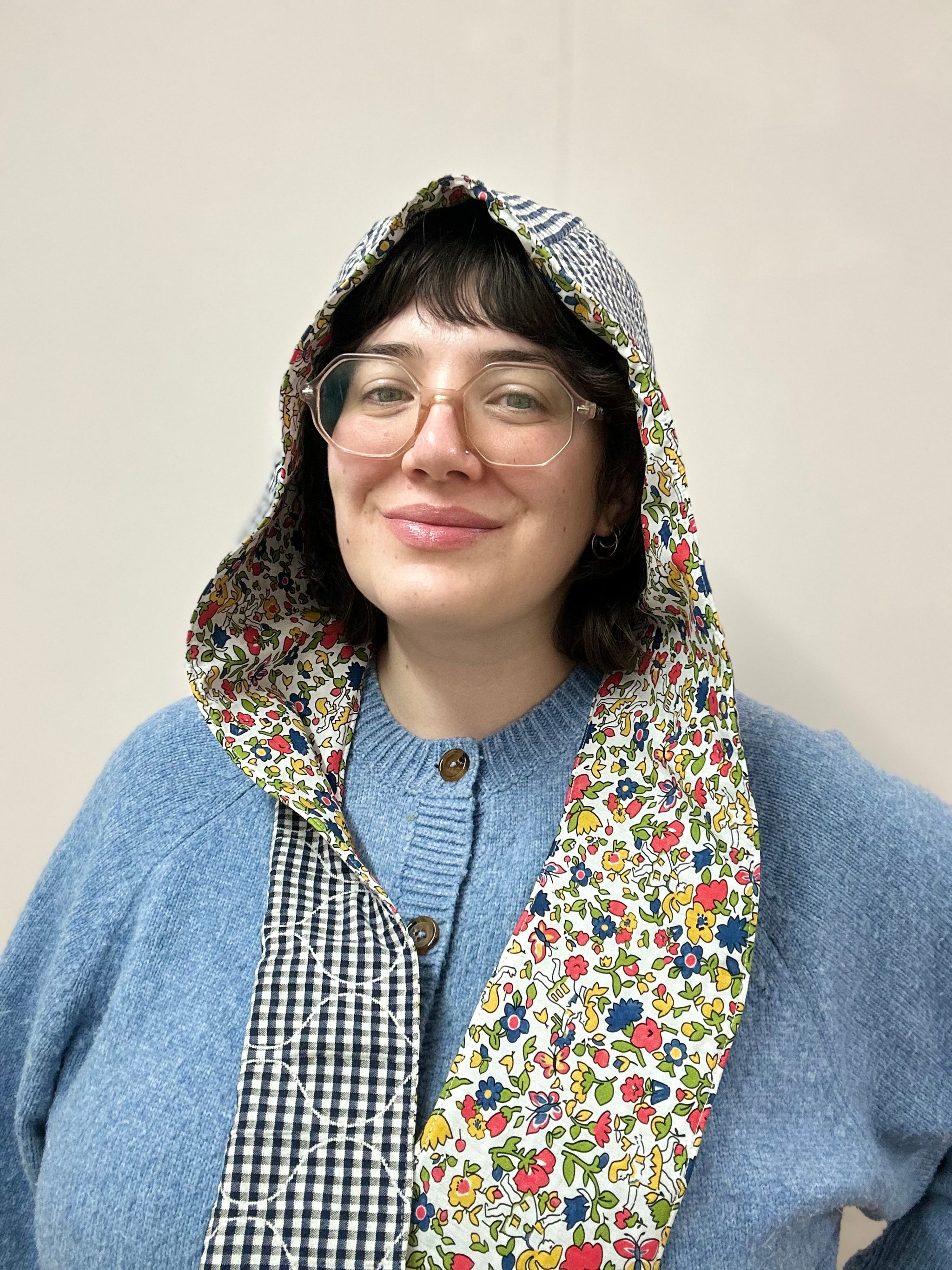 Reversible Quilted Hood - blue gingham/fairy floral