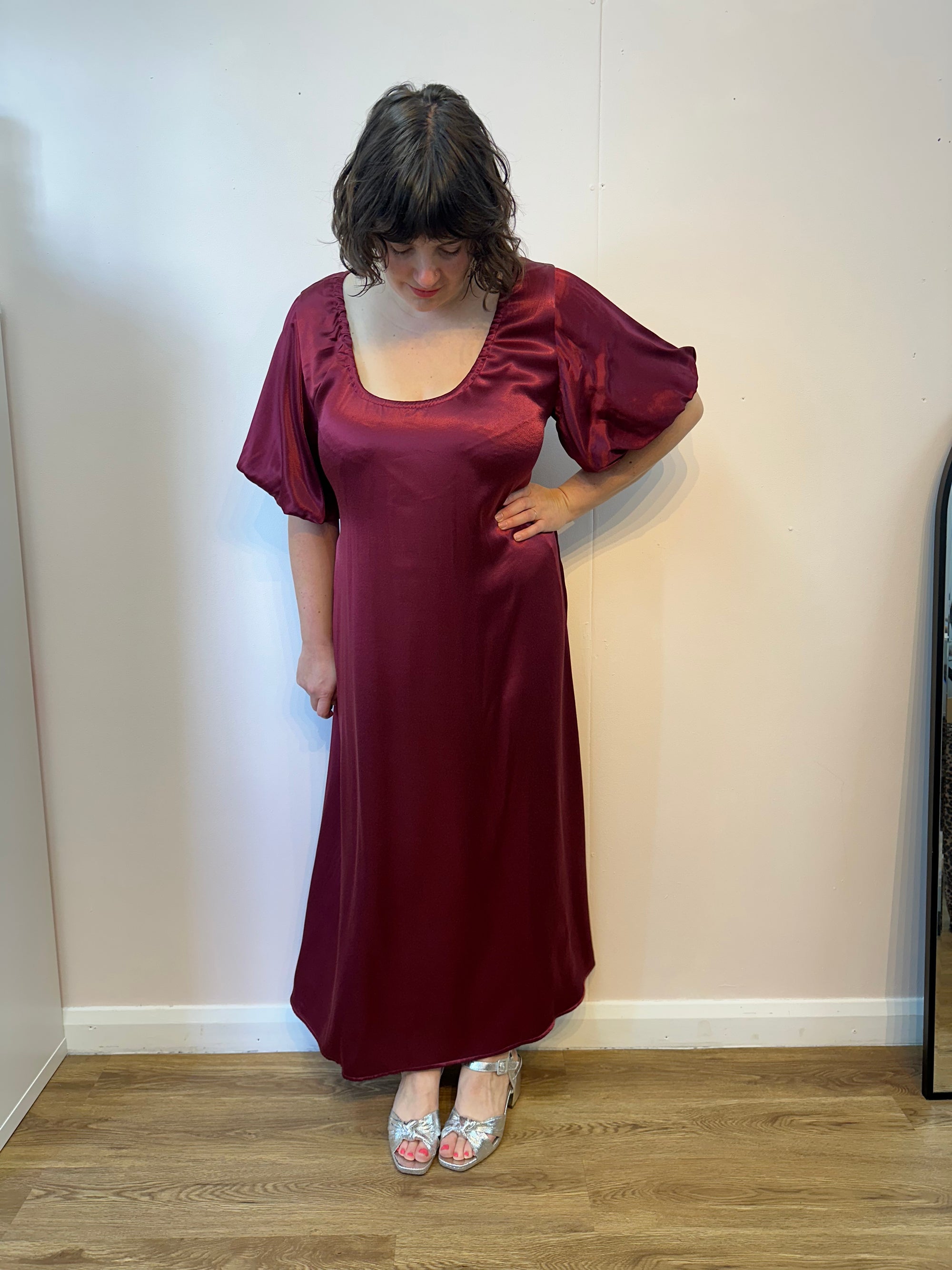Burgundy Satin Goddess Dress size L
