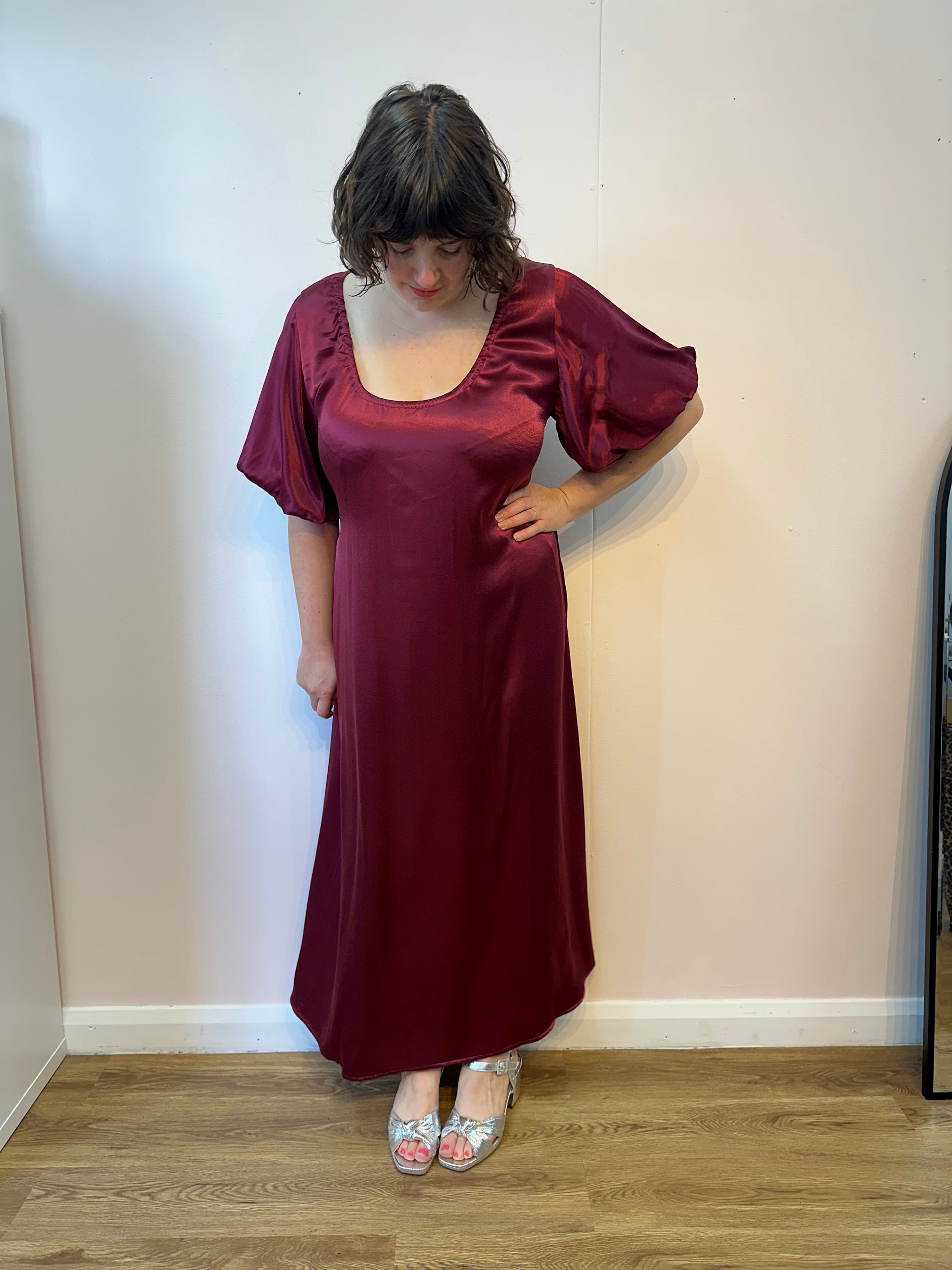 Burgundy Satin Goddess Dress size L
