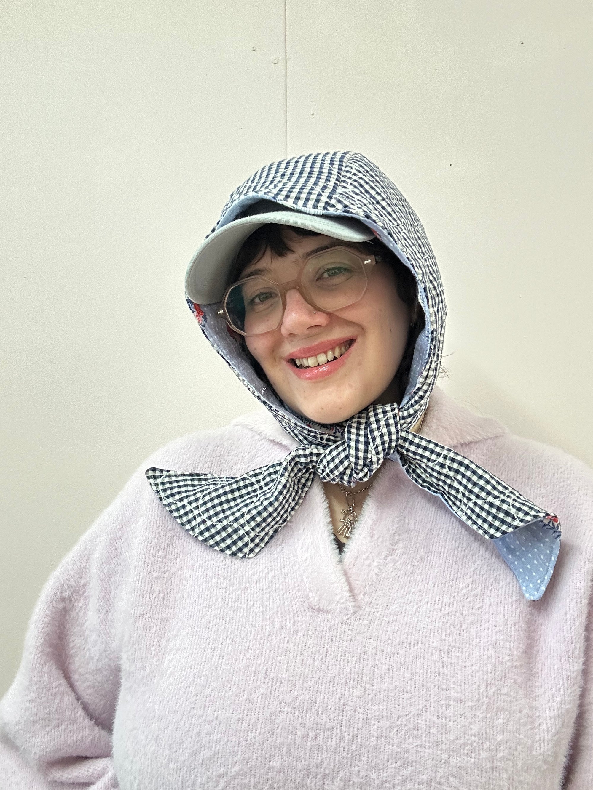 Reversible Quilted Hood - blue floral/gingham