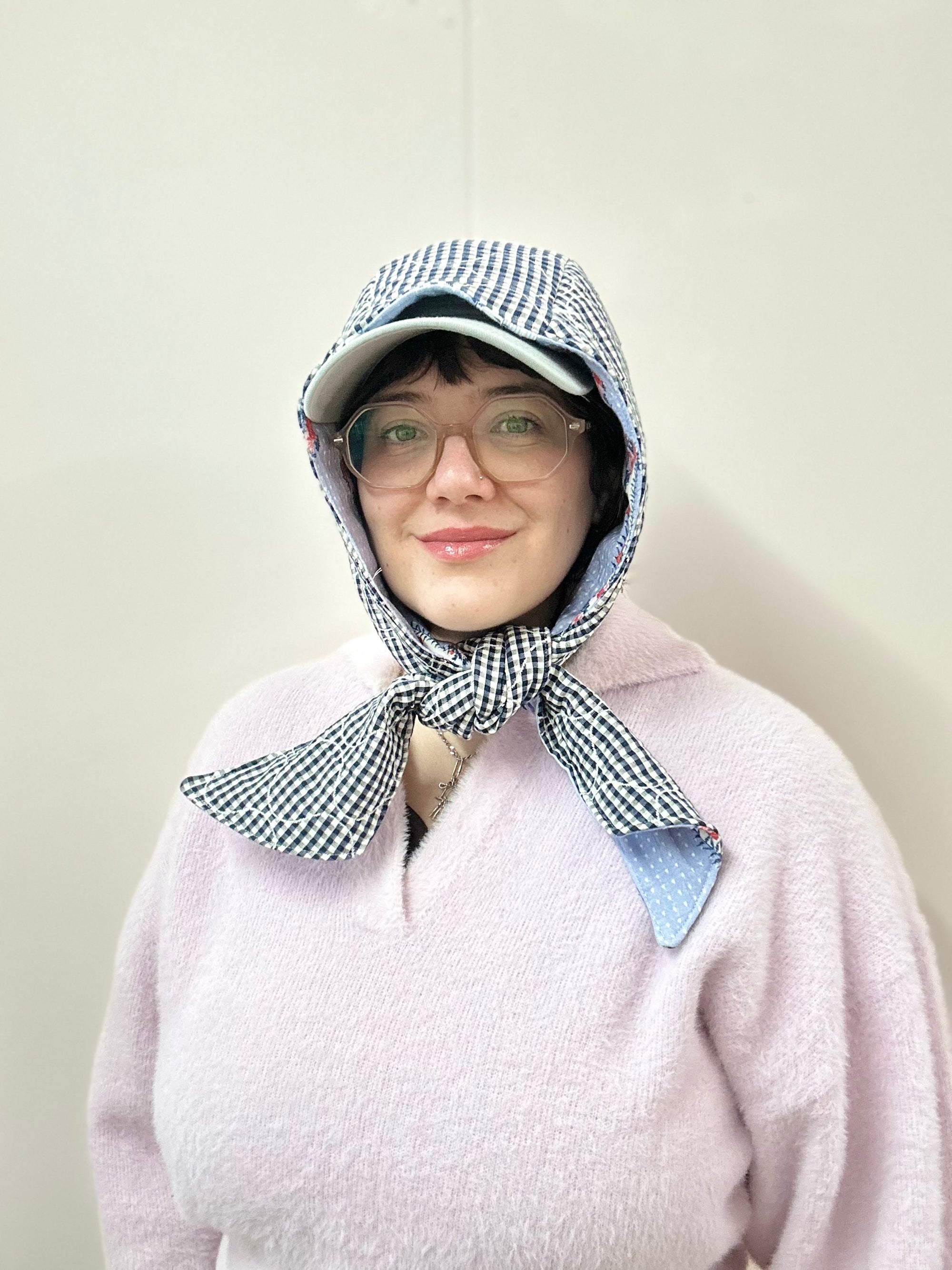 Reversible Quilted Hood - blue floral/gingham