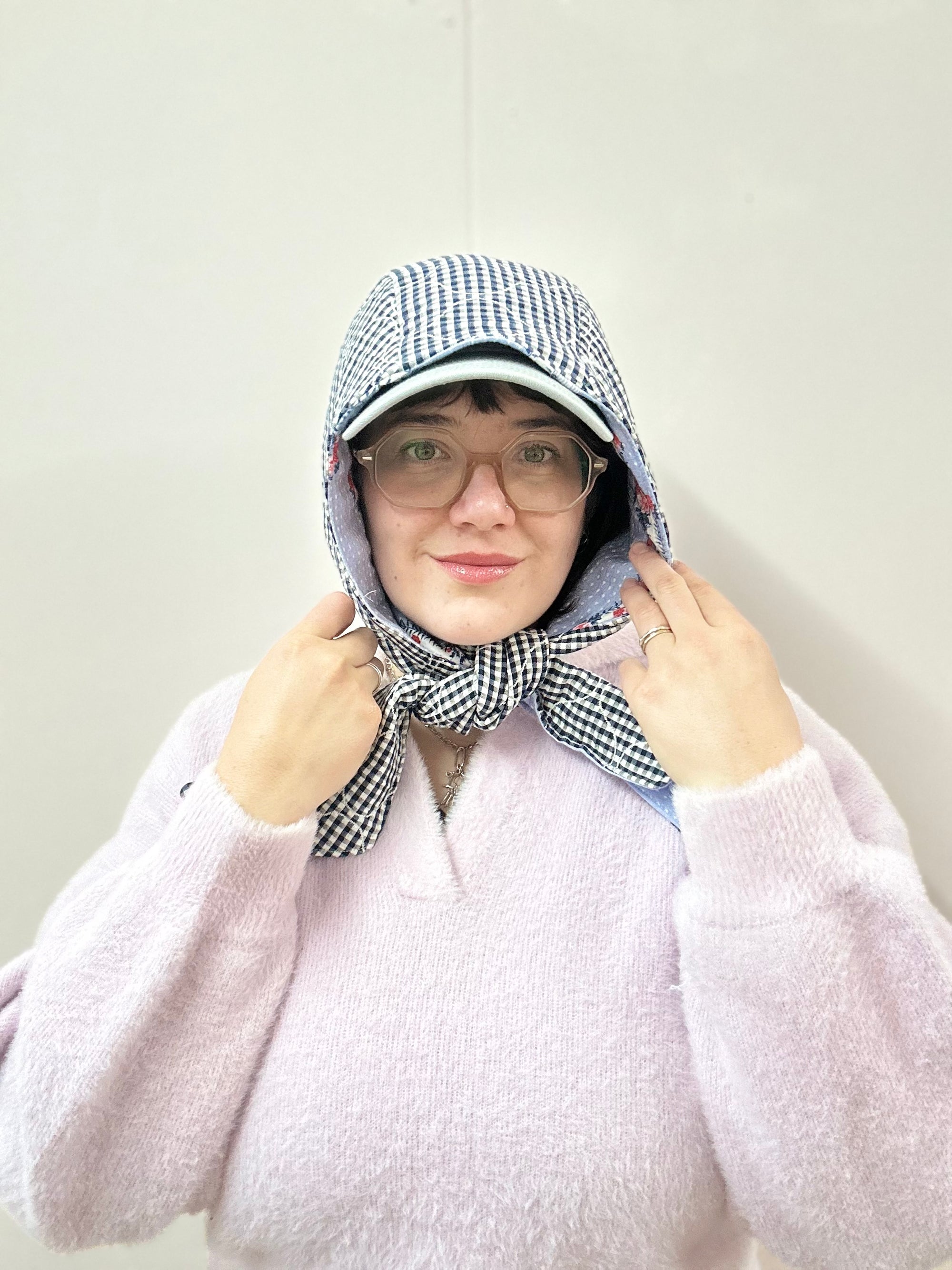 Reversible Quilted Hood - blue floral/gingham