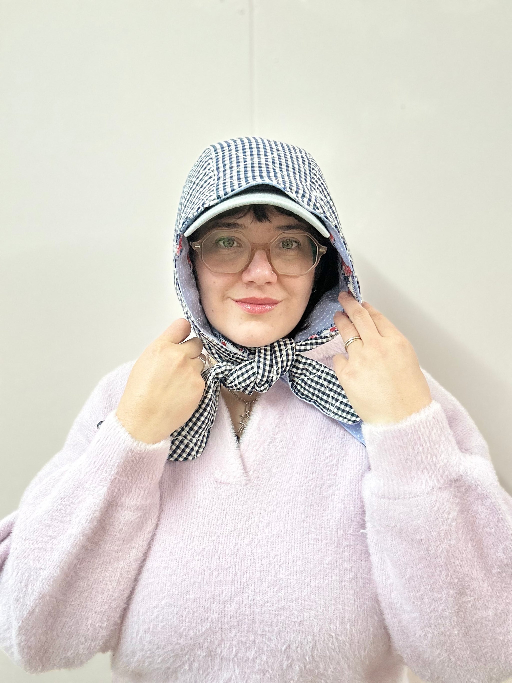 Reversible Quilted Hood - blue floral/gingham