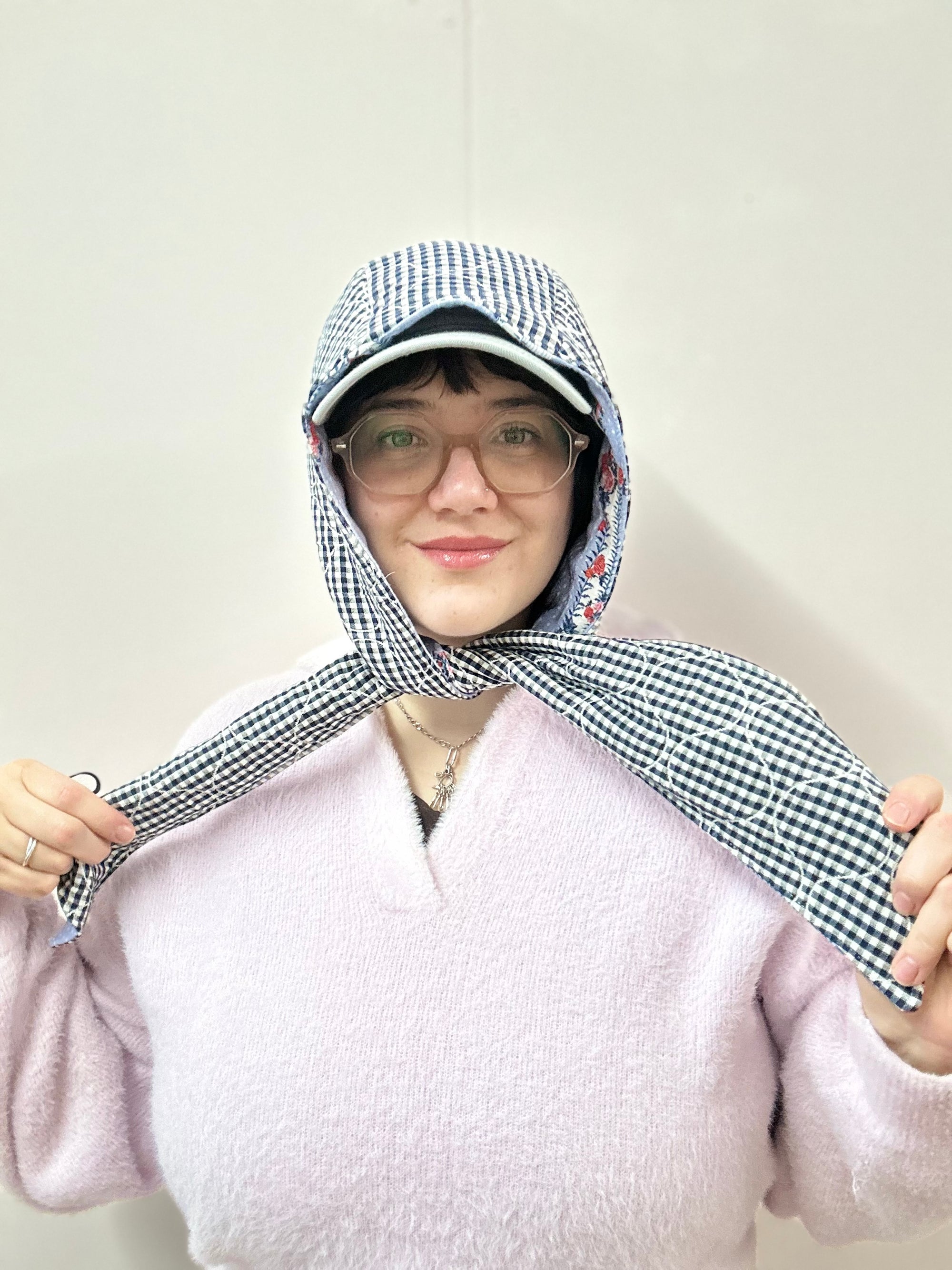 Reversible Quilted Hood - blue floral/gingham