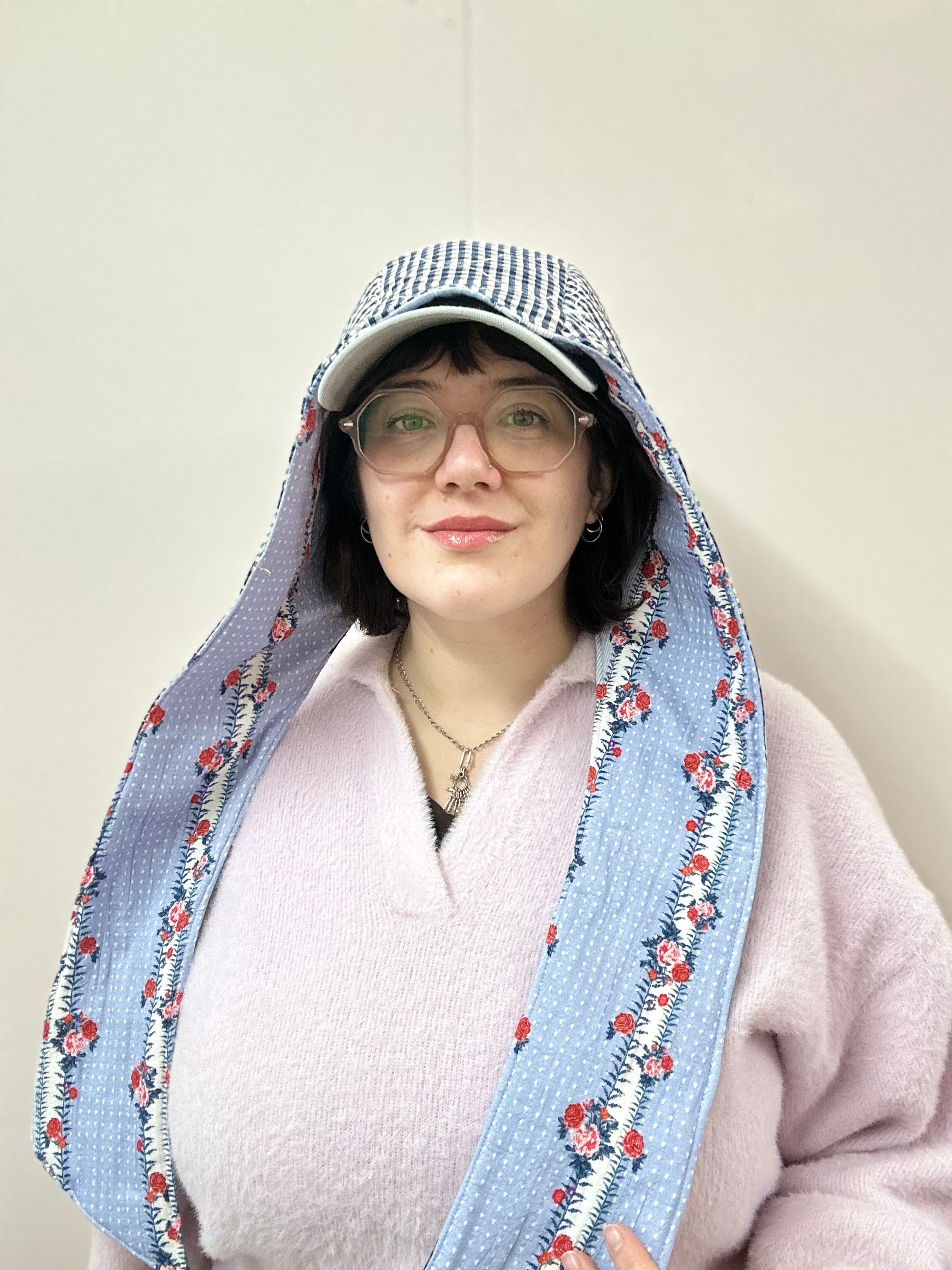 Reversible Quilted Hood - blue floral/gingham