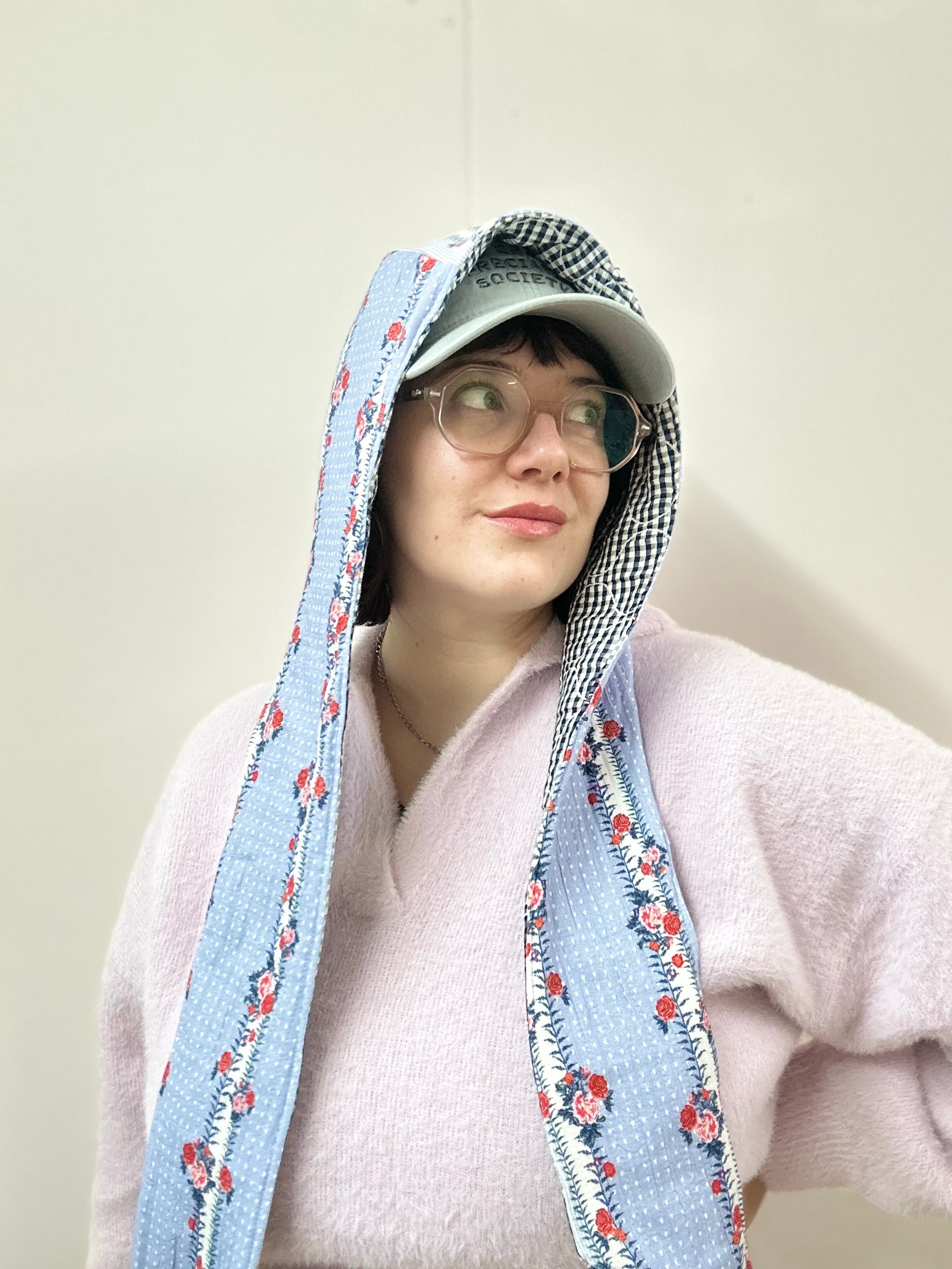 Reversible Quilted Hood - blue floral/gingham