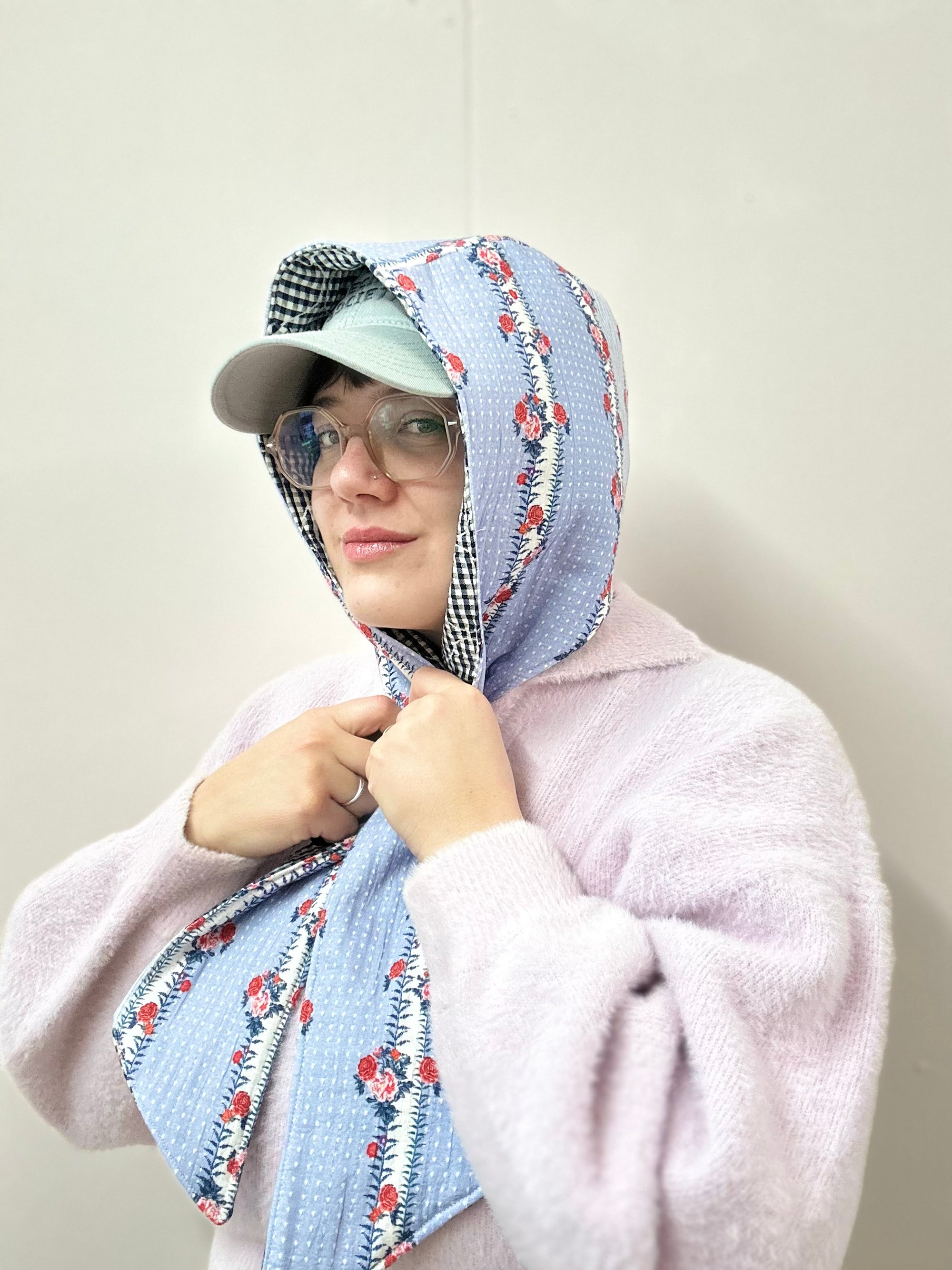 Reversible Quilted Hood - blue floral/gingham