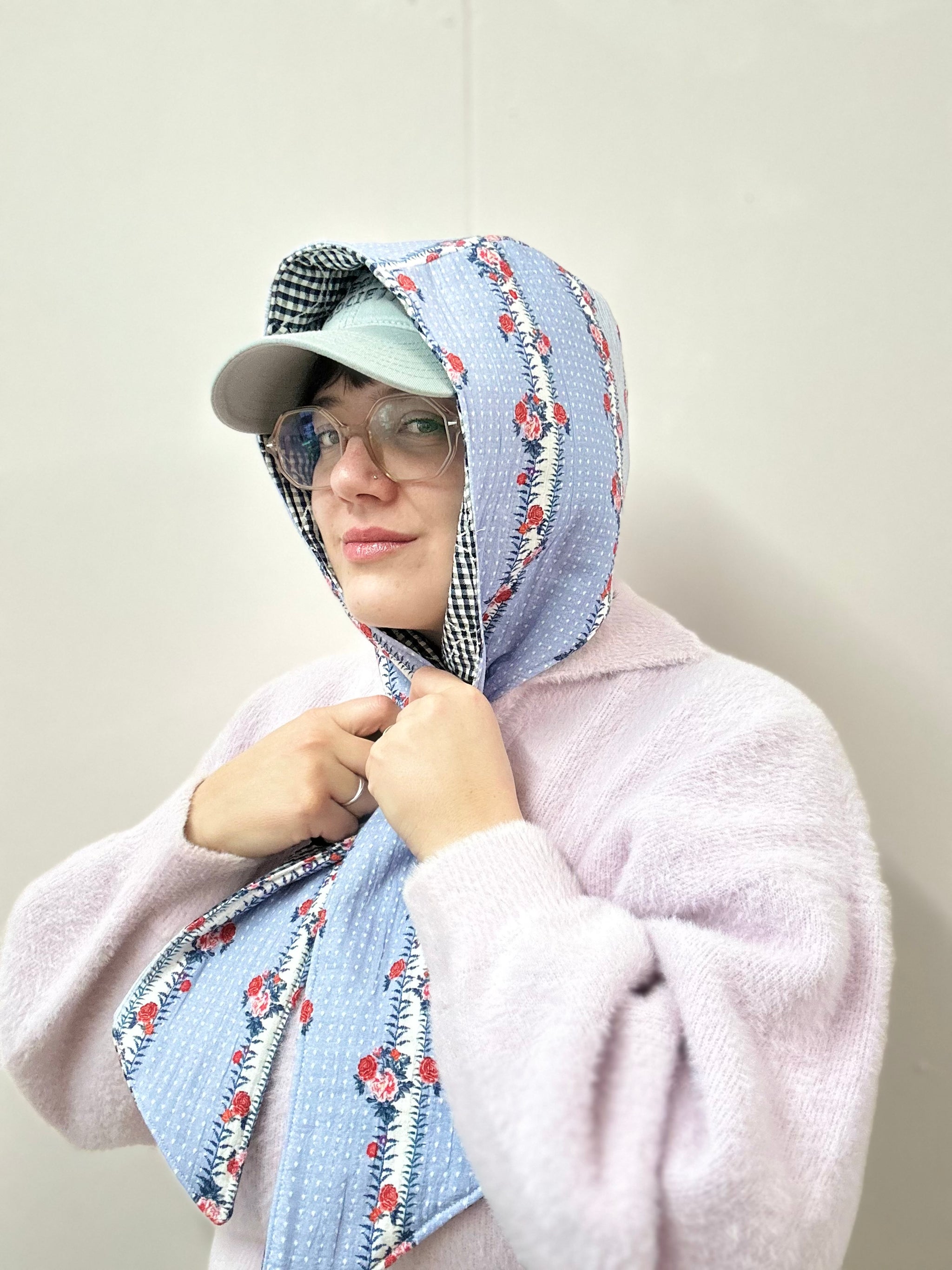 Reversible Quilted Hood - blue floral/gingham