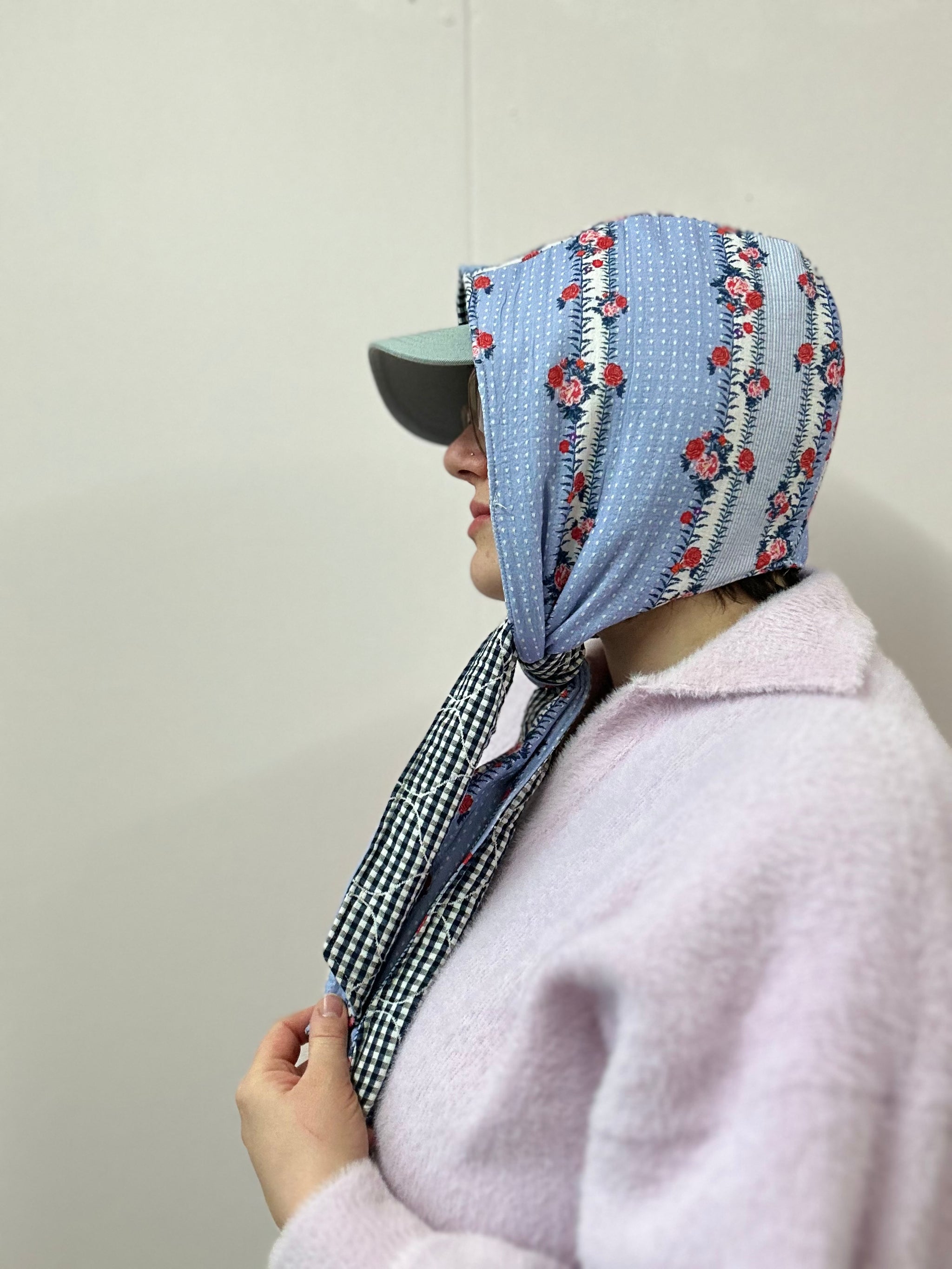 Reversible Quilted Hood - blue floral/gingham