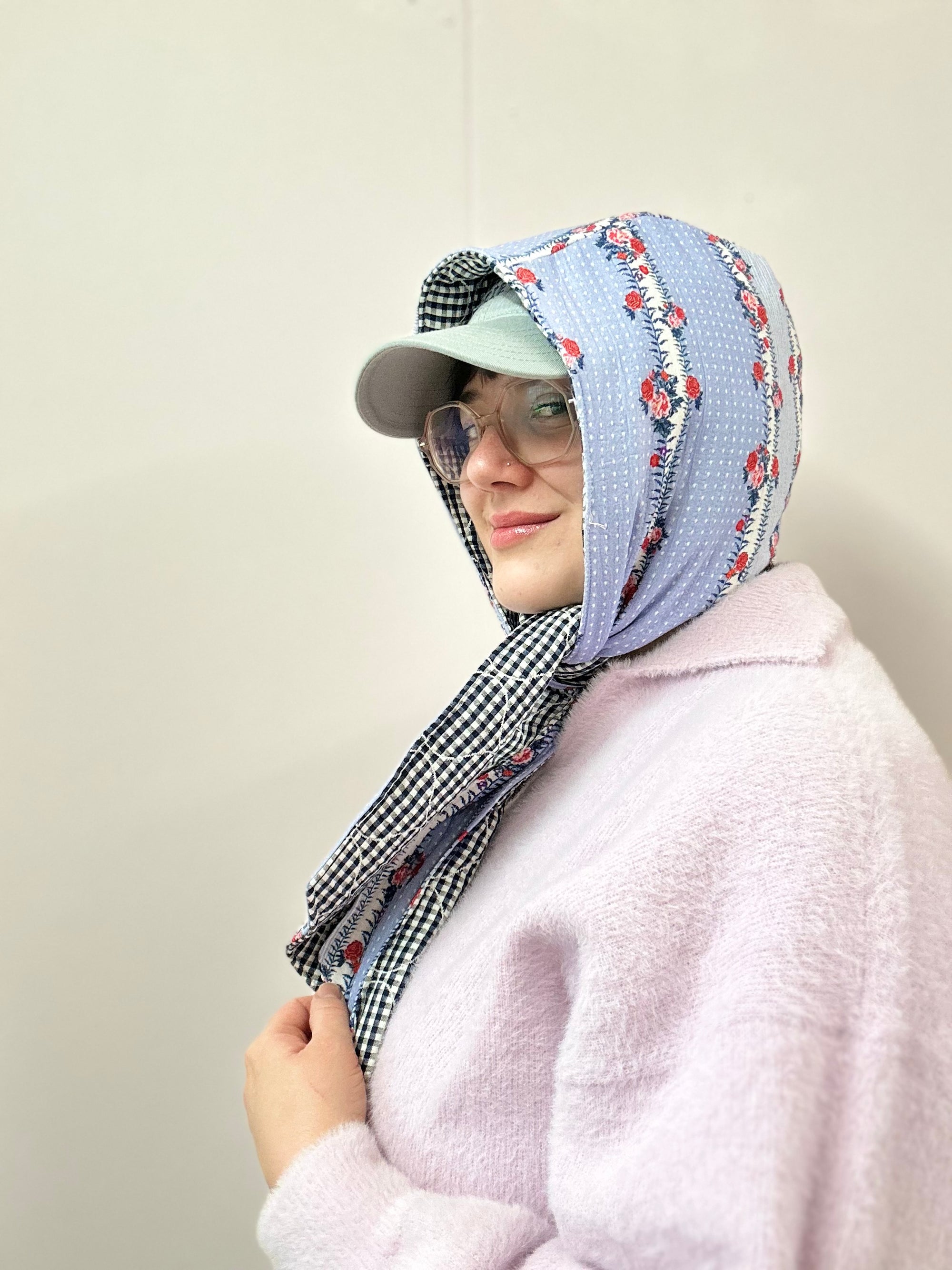 Reversible Quilted Hood - blue floral/gingham