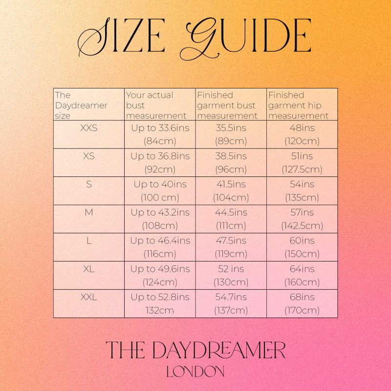 size guide with finished garment measurements